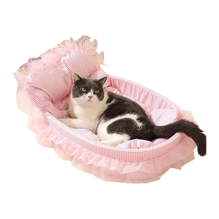 Lace-Trimmed Pet Princess Sofa | Four-Season Washable Plush Bed