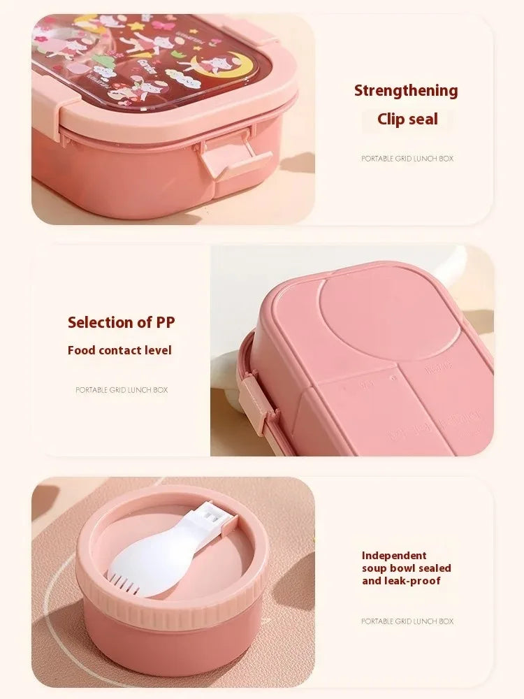1000/1350ml Cartoon Lunch Box Leakproof Bento Container with Soup Bowl Portable Food Storage Box