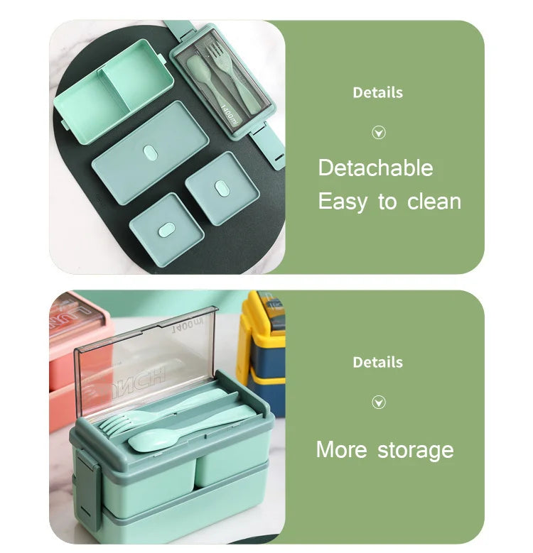 Double Layer Portable Lunch Box with Spoon & Fork Leakproof Microwave Container