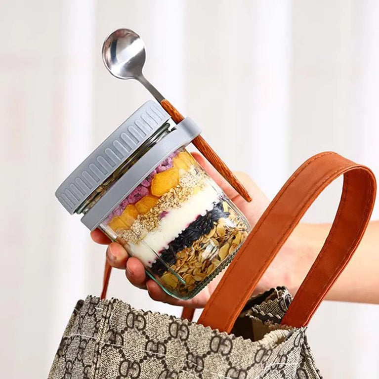 Overnight Oats Container with Lid and Spoon 300ML Glass Breakfast Cup for Yogurt Salad Cereal Storage