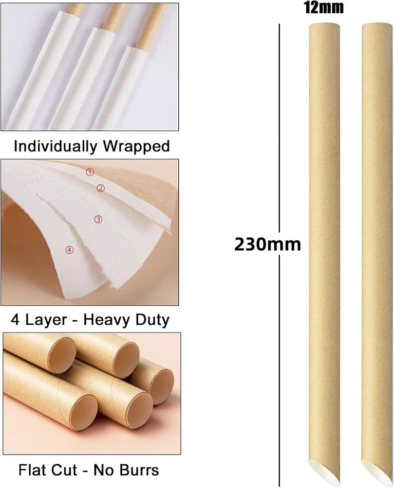 100PCS 12mm x 230mm Individually Wrapped Paper Bubble Tea Straws