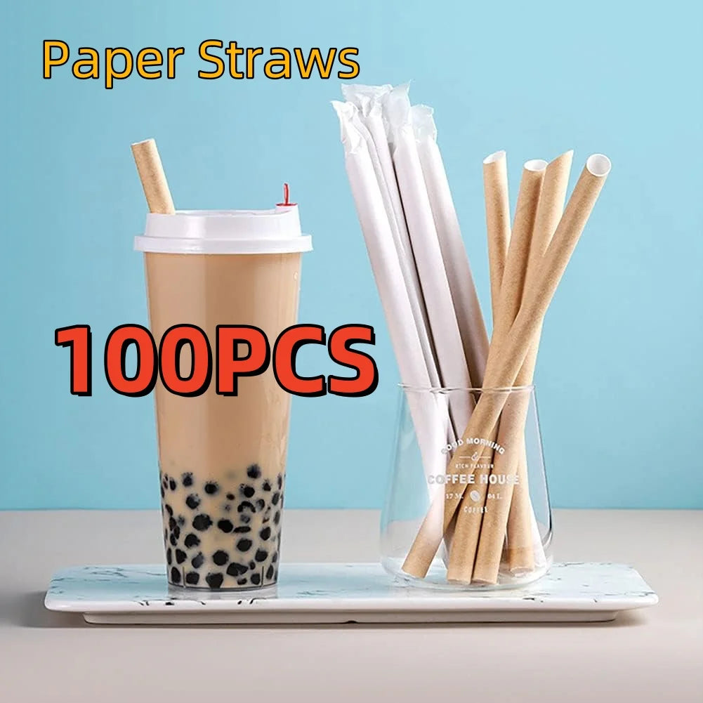 100PCS 12mm x 230mm Individually Wrapped Paper Bubble Tea Straws