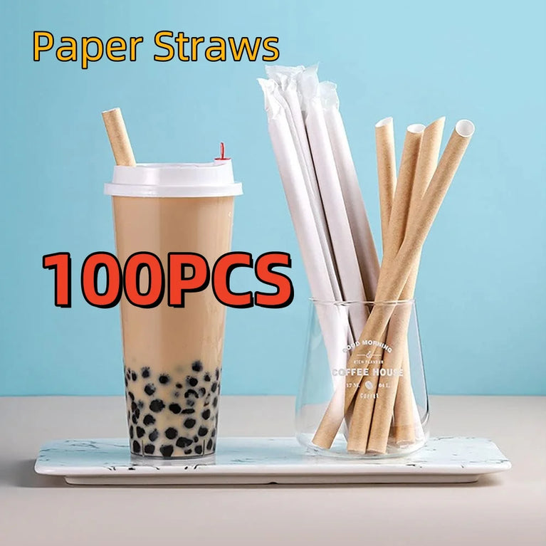 100PCS 12mm x 230mm Individually Wrapped Paper Bubble Tea Straws