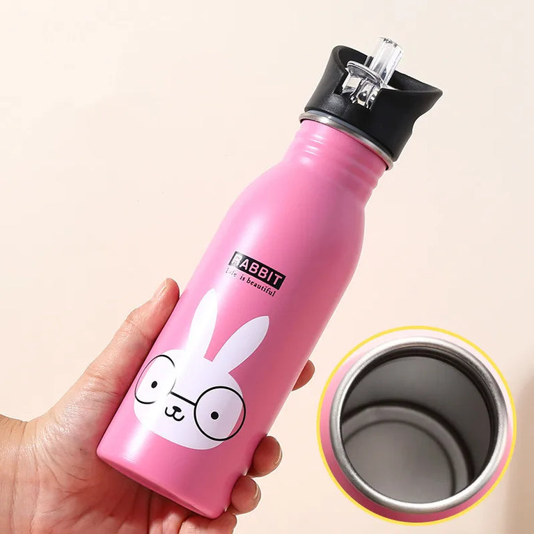 Kids Stainless Steel Straw Water Bottle Cartoon Portable Bottle