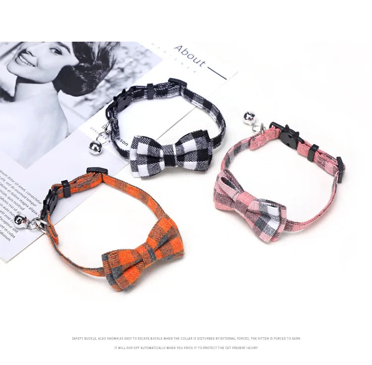 Pet Breakaway Cat Collar Bow Tie Bell Cute Plaid Adjustable