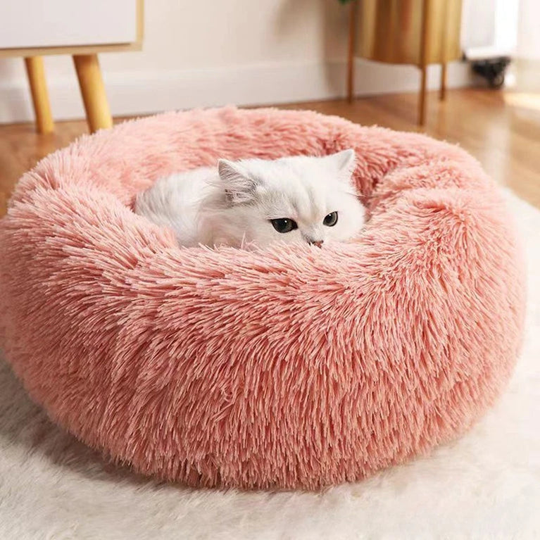 Round Plush Cat Bed Nest Soft Faux Fur Cozy Non-Slip Pet Bed