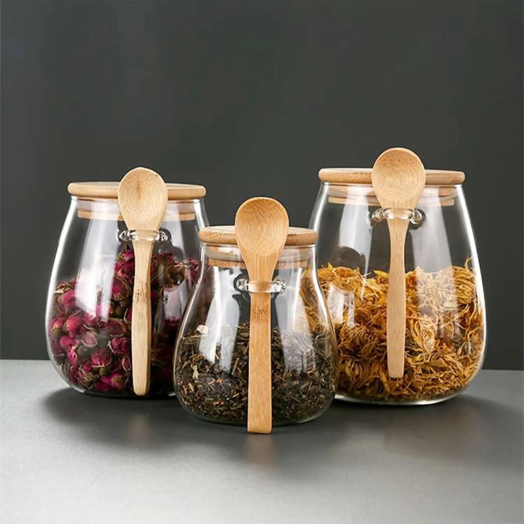 Airtight Glass Storage Container Jar with Lid Spoon Kitchen Pantry Canister