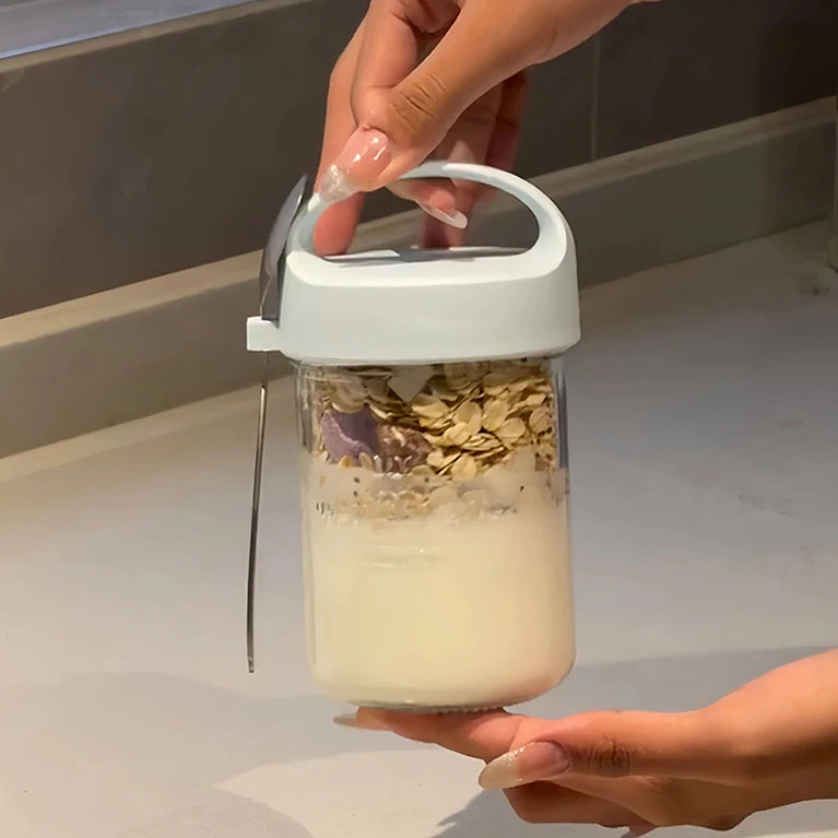 Glass Yogurt Breakfast Cup With Lid Spoon Overnight Oats Container Jar