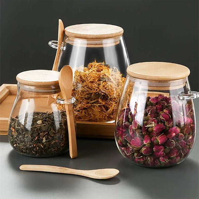 Airtight Glass Storage Container Jar with Lid Spoon Kitchen Pantry Canister
