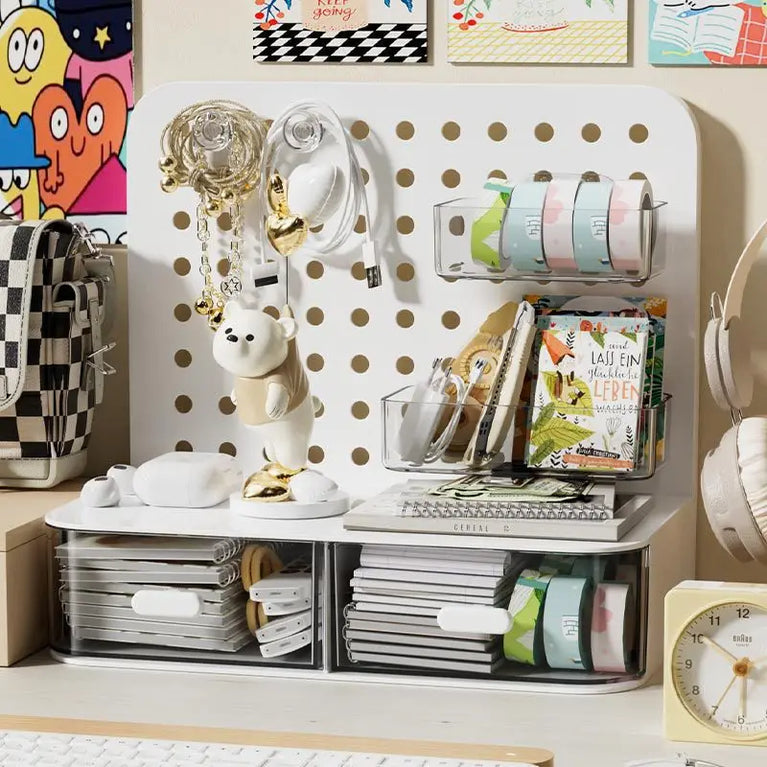 Desktop Perforated Board Desk Organiser with Drawer Storage Rack
