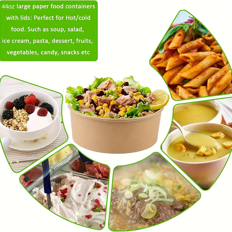44Oz 1300Ml Paper Bowls With Lids Disposable Soup Salad Meal Prep Food Containers Pack