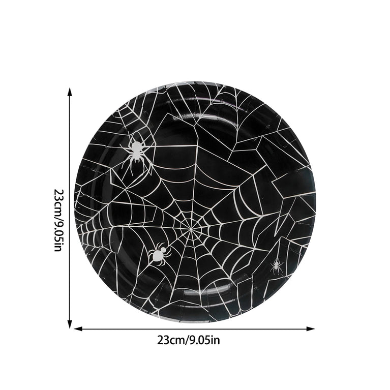 Halloween Spider Web Disposable Tableware Set Black Plates Cups Napkins Party Decoration
