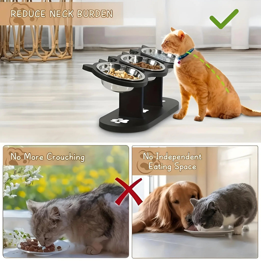 Adjustable 15° Elevated Cat Feeding Bowl with Wooden Support Stand