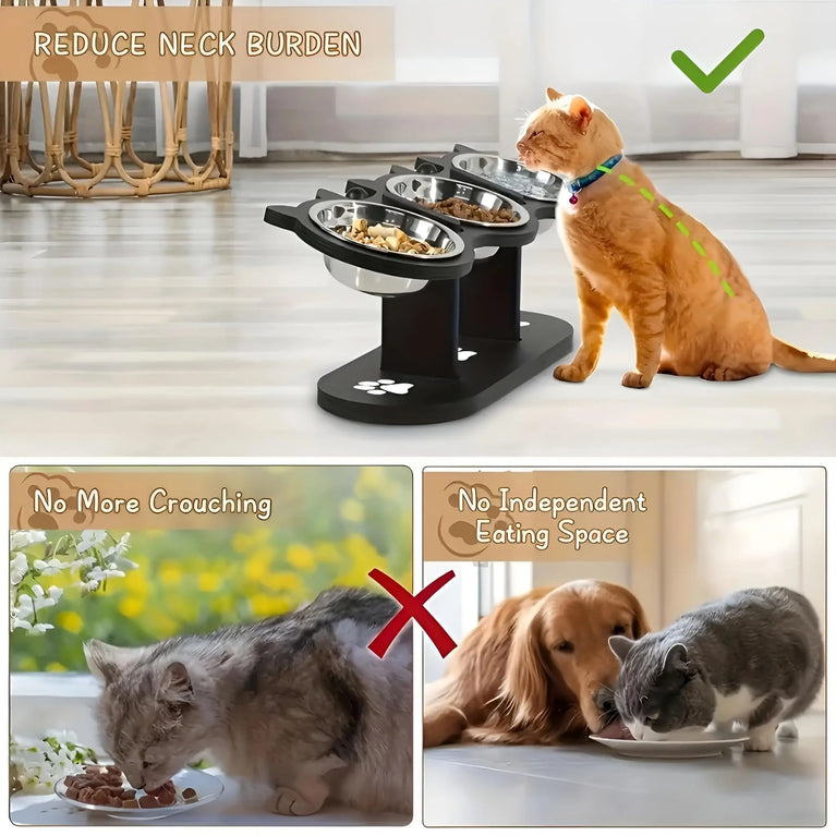 Adjustable 15° Elevated Cat Feeding Bowl with Wooden Support Stand