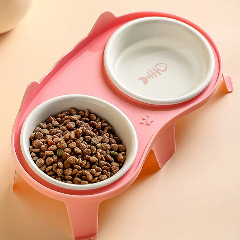 Ceramic Cat Bowl Double Bowl Elevated Slanted Pet Feeding Water Dish Rounded Design