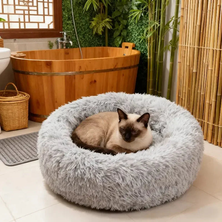 Round Plush Cat Bed Nest Soft Faux Fur Cozy Non-Slip Pet Bed