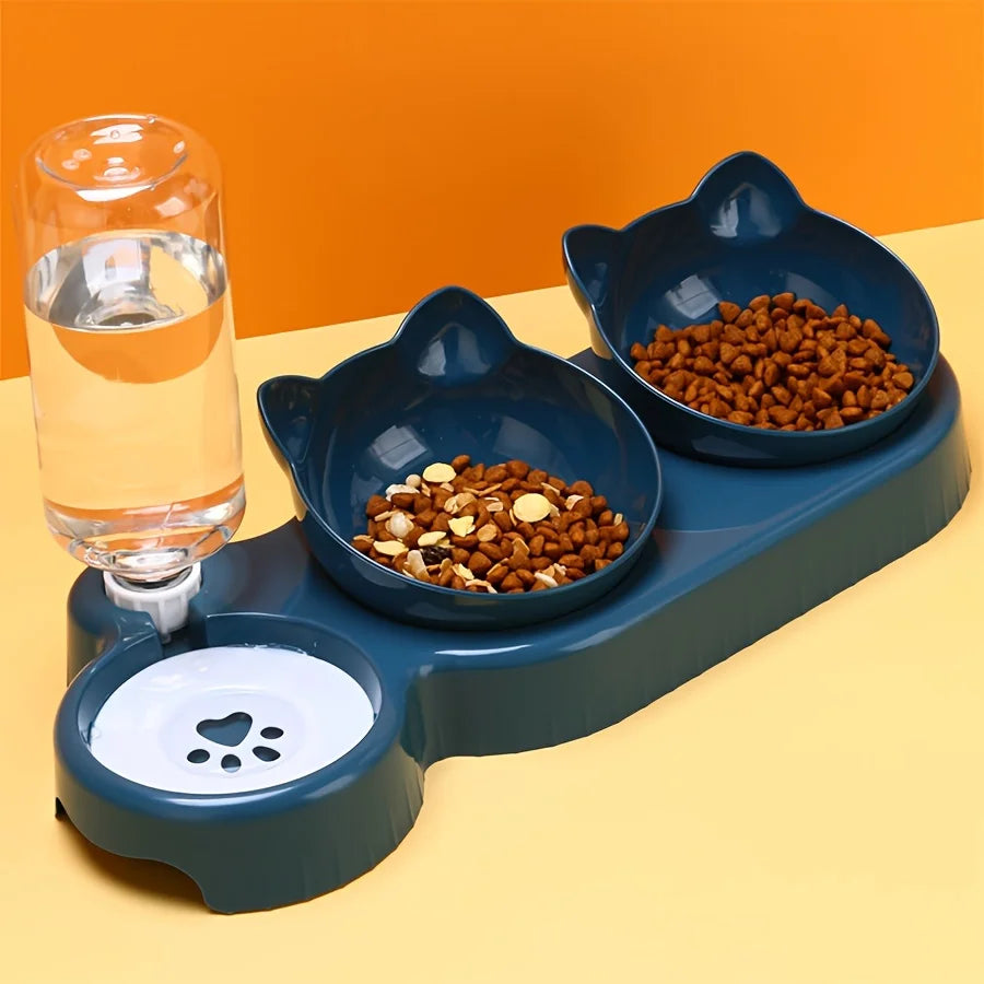 3 in 1 Tilted Cat Bowl Set with Water Feeder Raised Design
