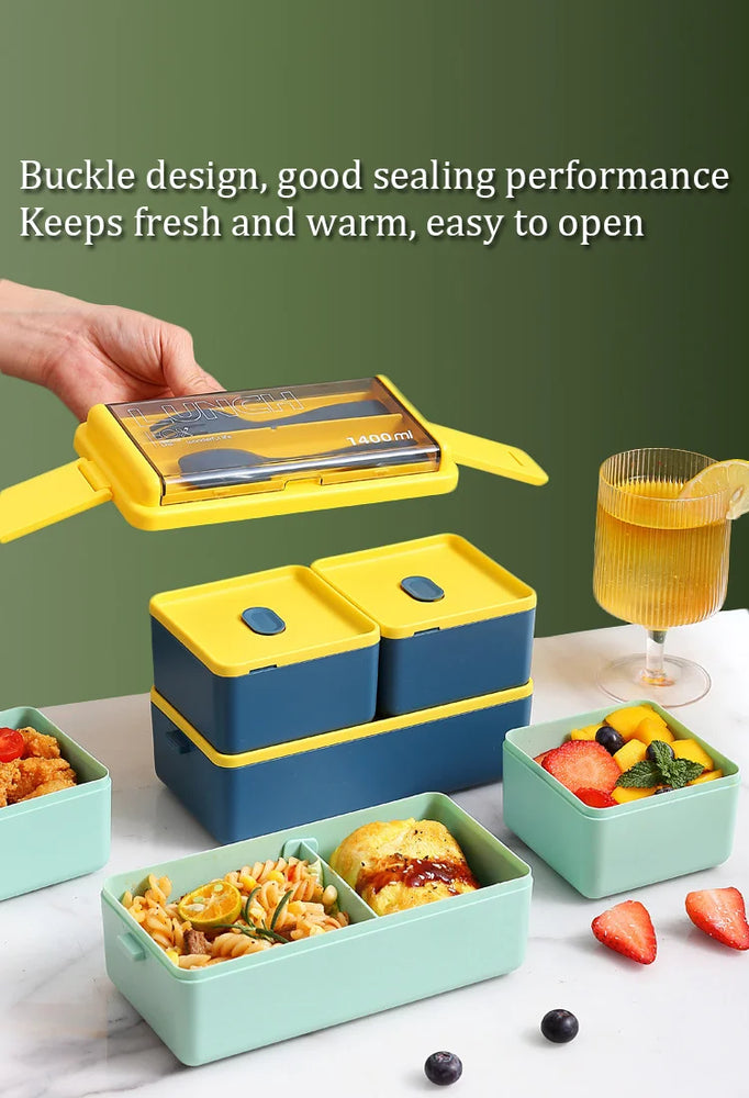 Double Layer Portable Lunch Box with Spoon & Fork Leakproof Microwave Container