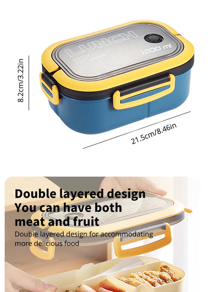 Double Layer Microwave Lunch Box Portable Plastic Food Container with Fork and Spoon Set