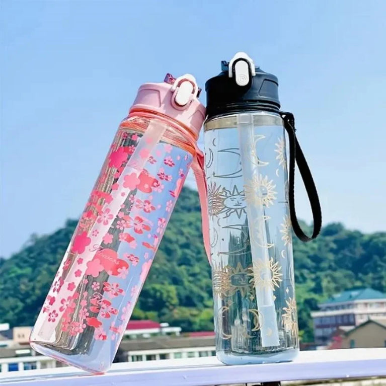 800ML Trendy Printed Space Straw Water Bottle with Portable Strap