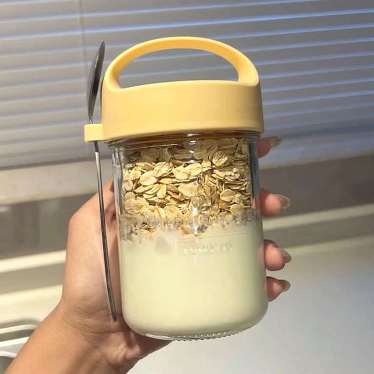Glass Yogurt Breakfast Cup With Lid Spoon Overnight Oats Container Jar