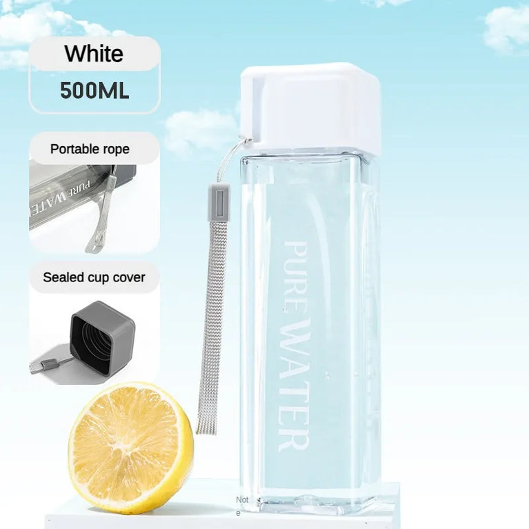 500ML Clear Square Portable Plastic Water Bottle With Rope Carry Design