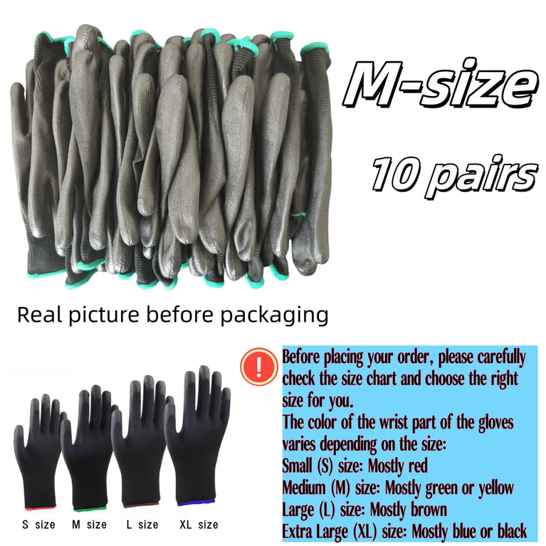 10 Pairs PU Safety Work Gloves Anti Slip Wear Resistant Gardening Woodworking Gloves PU200B