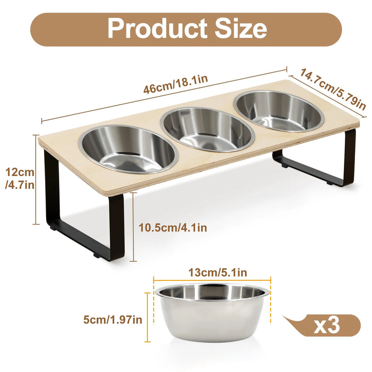 15° Tilted Raised Cat Feeding Station with 3 Steel Bowls Set