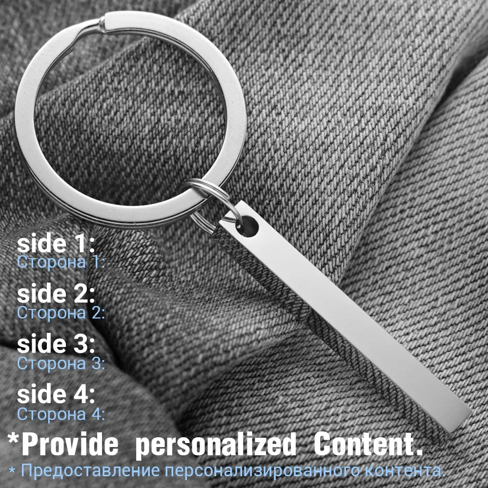 3D Bar Stainless Steel Personalized Keychain | Custom Engraved 4-Side Keyring