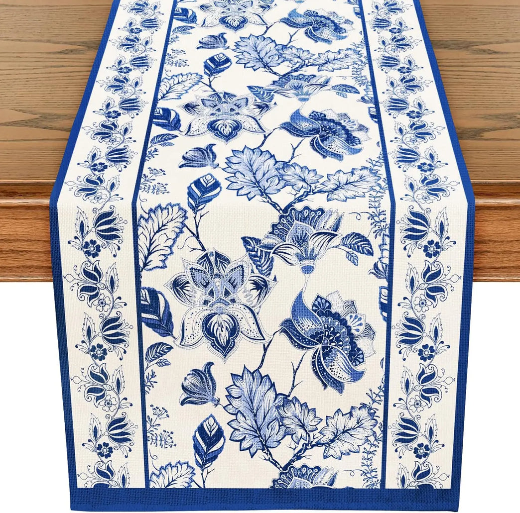 Summer Blue Floral Linen Table Runner | Reusable Farmhouse Dining Decor