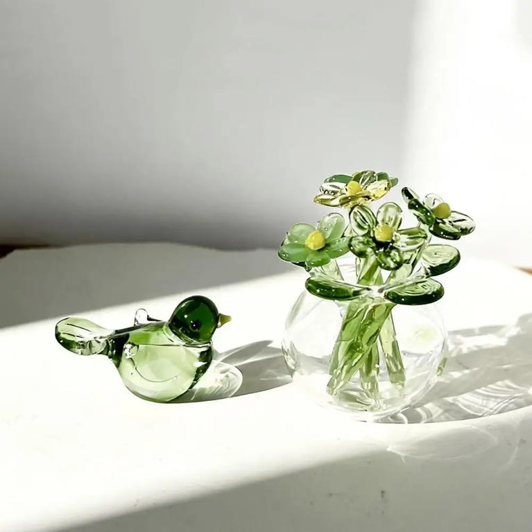 Miniature Hand-Blown Glass Flower Figurine | Exquisite Crystal Bouquet Decor