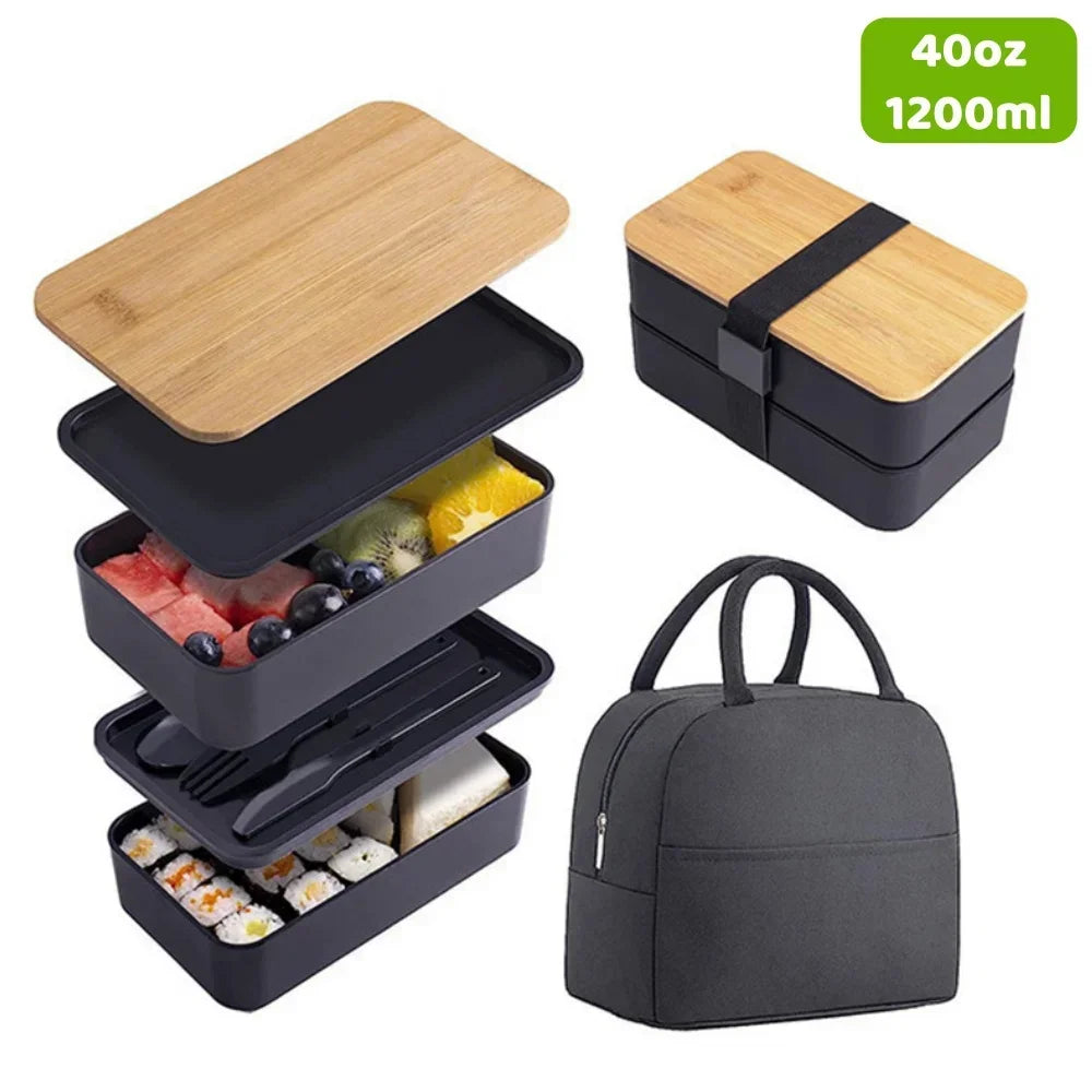 2-Tier Leakproof Bento Lunch Box with Cutlery Microwave Safe Stackable Food Storage Container for Kids and Adults
