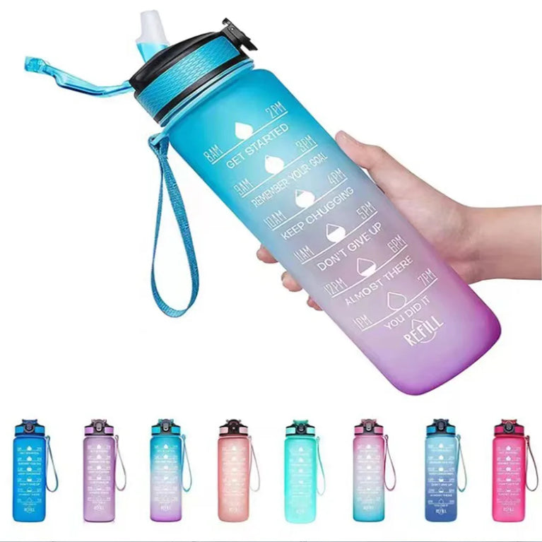 1L Motivational Gradient Sports Waterbottle Straw Leakproof Gym Bottle