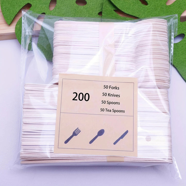 200 Pcs Disposable Wooden Tableware Set with Forks Spoons & Teaspoons