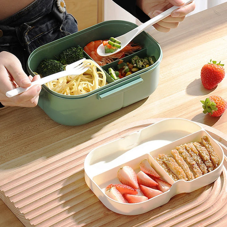Double Layer Microwave Lunch Box Portable Plastic Food Container with Fork and Spoon Set