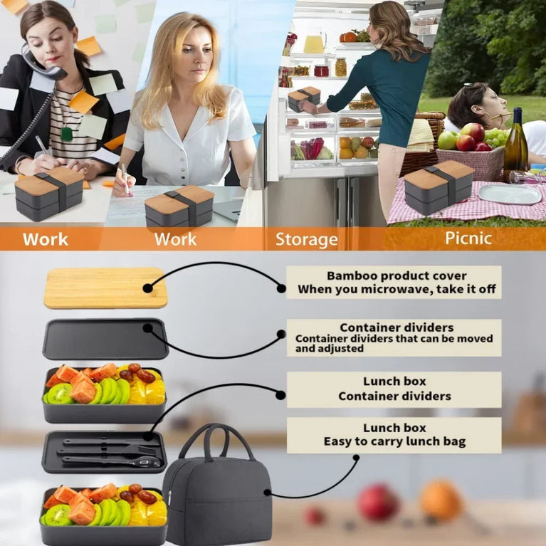 2-Tier Leakproof Bento Lunch Box with Cutlery Microwave Safe Stackable Food Storage Container for Kids and Adults