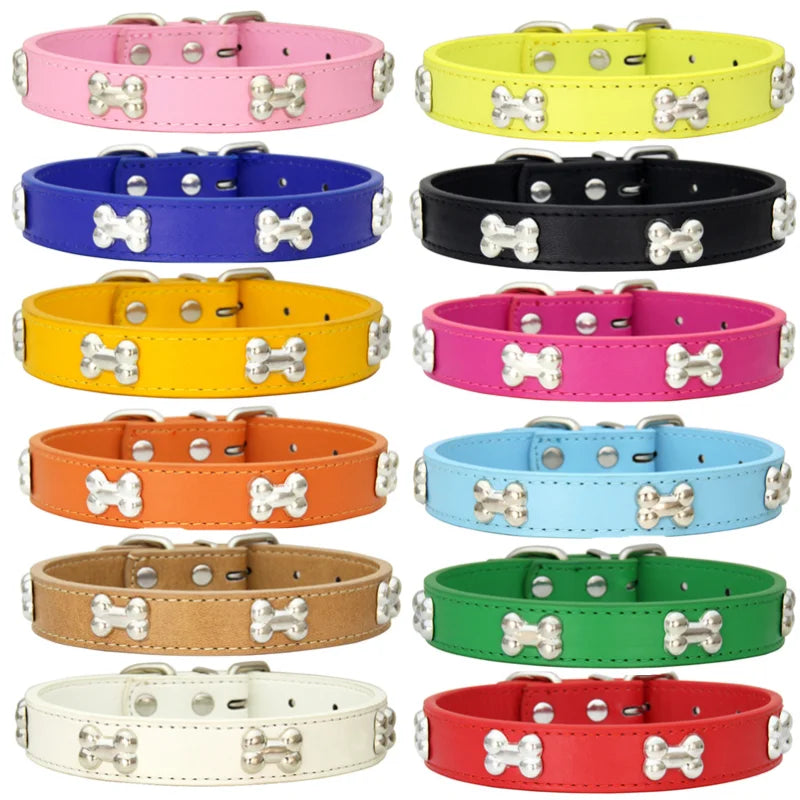 Bone Leather Dog Collars Puppy Pug Collars Small Large Cat Collar