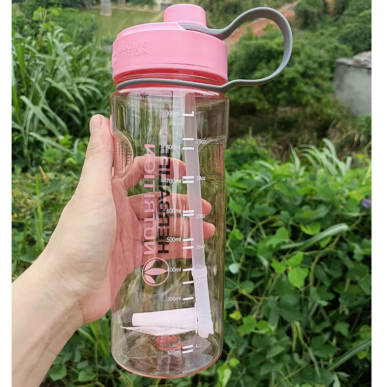 1000ml Transparent Straw Strap Bounce Button Sports Water Bottle 1L Leakproof Handgrip Gym Hydration Bottle