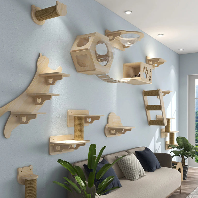 Wall-Mounted Cat Hammock & Climbing Set | Space-Saving Wood Furniture