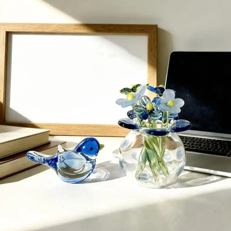 Miniature Hand-Blown Glass Flower Figurine | Exquisite Crystal Bouquet Decor