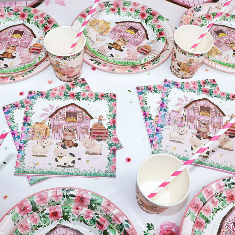 Pink Farm Animals Birthday Disposable Tableware Set-Baby Shower Decor
