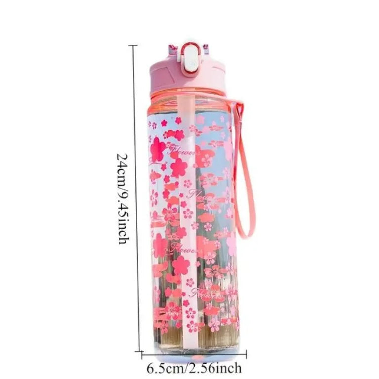 800ML Trendy Printed Space Straw Water Bottle with Portable Strap