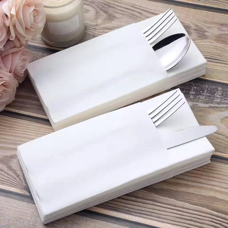 White Flatware Pocket Napkins | Disposable Knife & Fork Pad Party Supplies