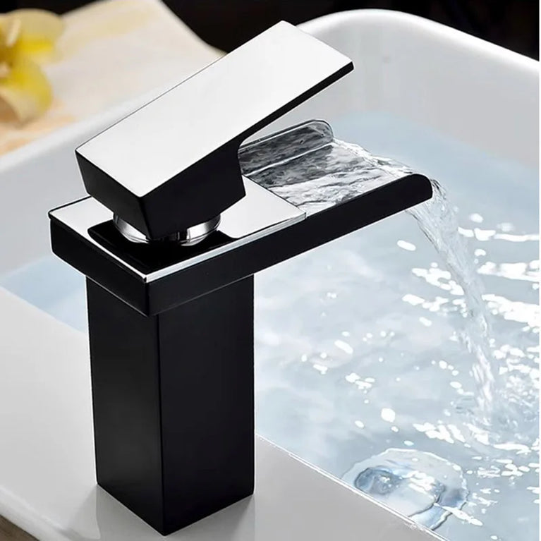 Waterfall Wide-Mouth Stainless Steel Faucet | Contemporary Deck-Mounted Hot & Cold Basin Tap