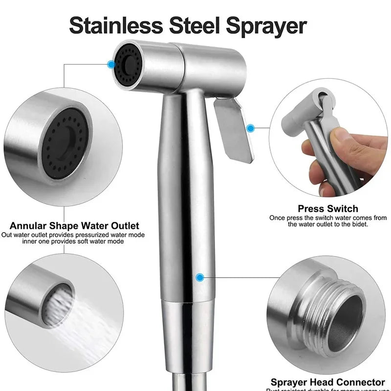 SUS304 Stainless Steel Handheld Bidet Sprayer Set | Vertical Spray Toilet Hygiene System