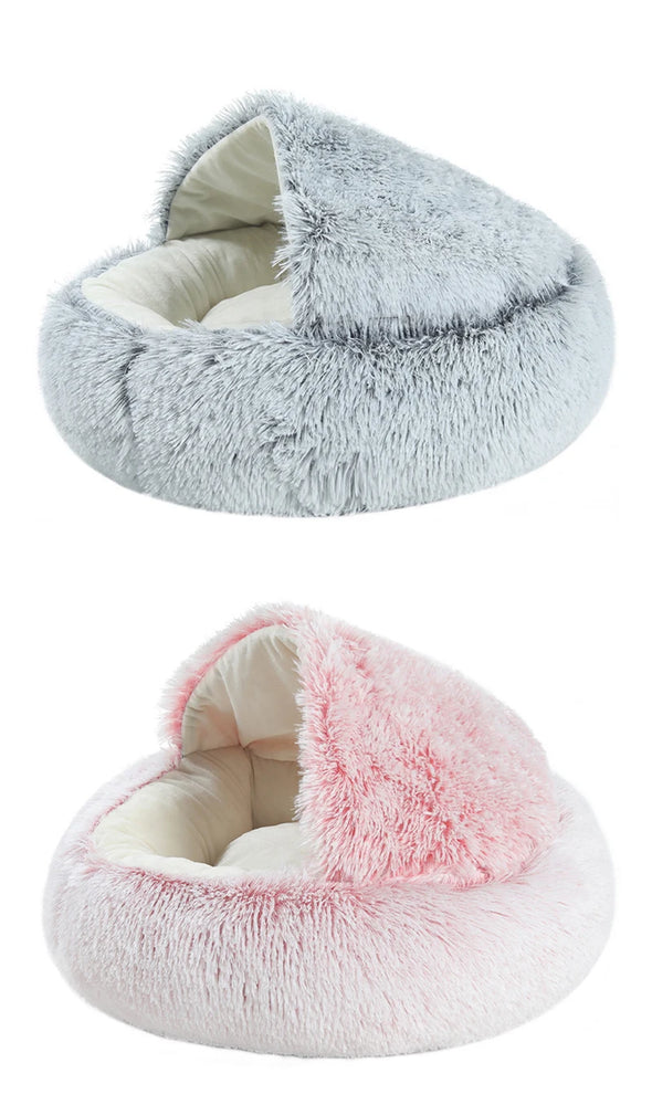 2-in-1 Round Plush Pet Nest | Half-Enclosed Warm Cave Bed
