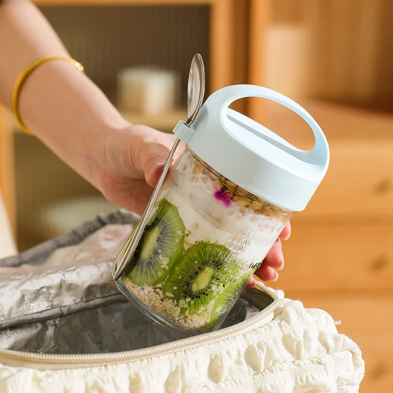 Glass Yogurt Breakfast Cup With Lid Spoon Overnight Oats Container Jar