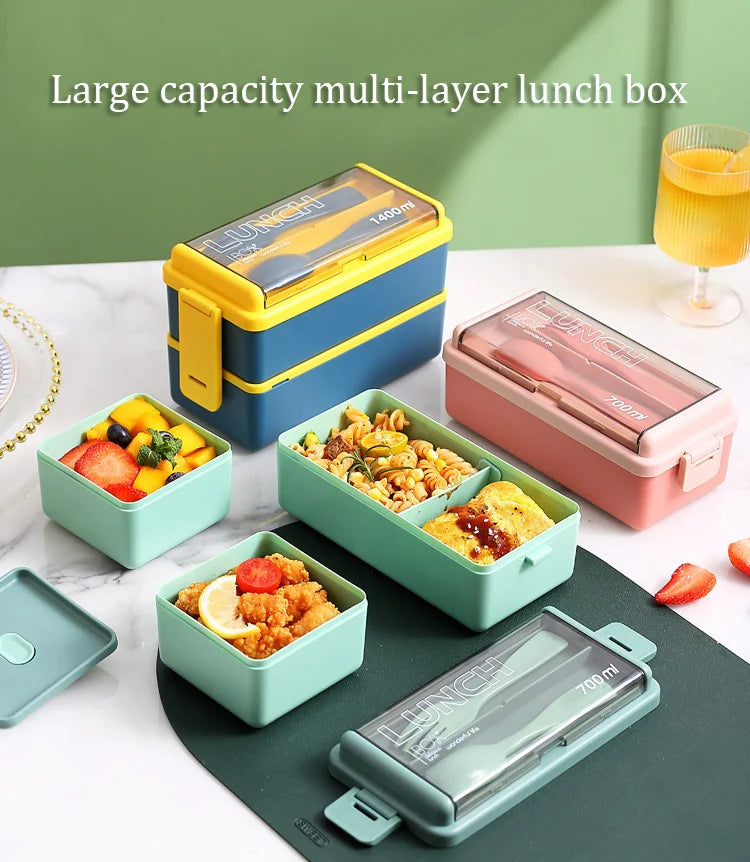 Double Layer Portable Lunch Box with Spoon & Fork Leakproof Microwave Container