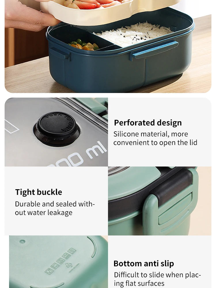 Double Layer Microwave Lunch Box Portable Plastic Food Container with Fork and Spoon Set