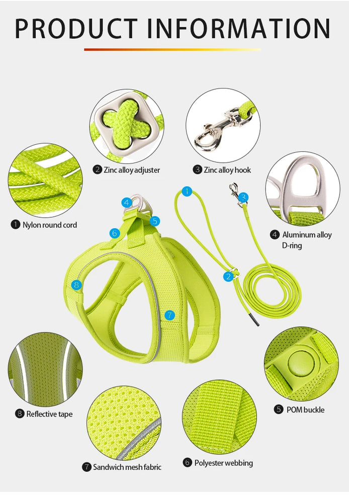 Adjustable Reflective Dog Harness Leash Set Step-In Soft Air Mesh Vest